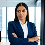 A confident Arab professional businesswoman in her early 30s, dressed in a modest, contemporary business suit. She stands in a brightly lit, modern open-plan office, gesturing thoughtfully towards a large digital screen displaying data visualizations and strategic plans, her expression insightful and determined, reflecting a deep passion for her work and a forward-thinking approach. The office features collaborative spaces and sleek, professional design. Perfect anatomy, correct proportions, natural pose, well-formed hands, proper finger count, natural body proportions, professional photography, high detail, sharp focus, vibrant colors, soft lighting, fully clothed, modest clothing, appropriate attire, professional dress, safe for work, appropriate content.