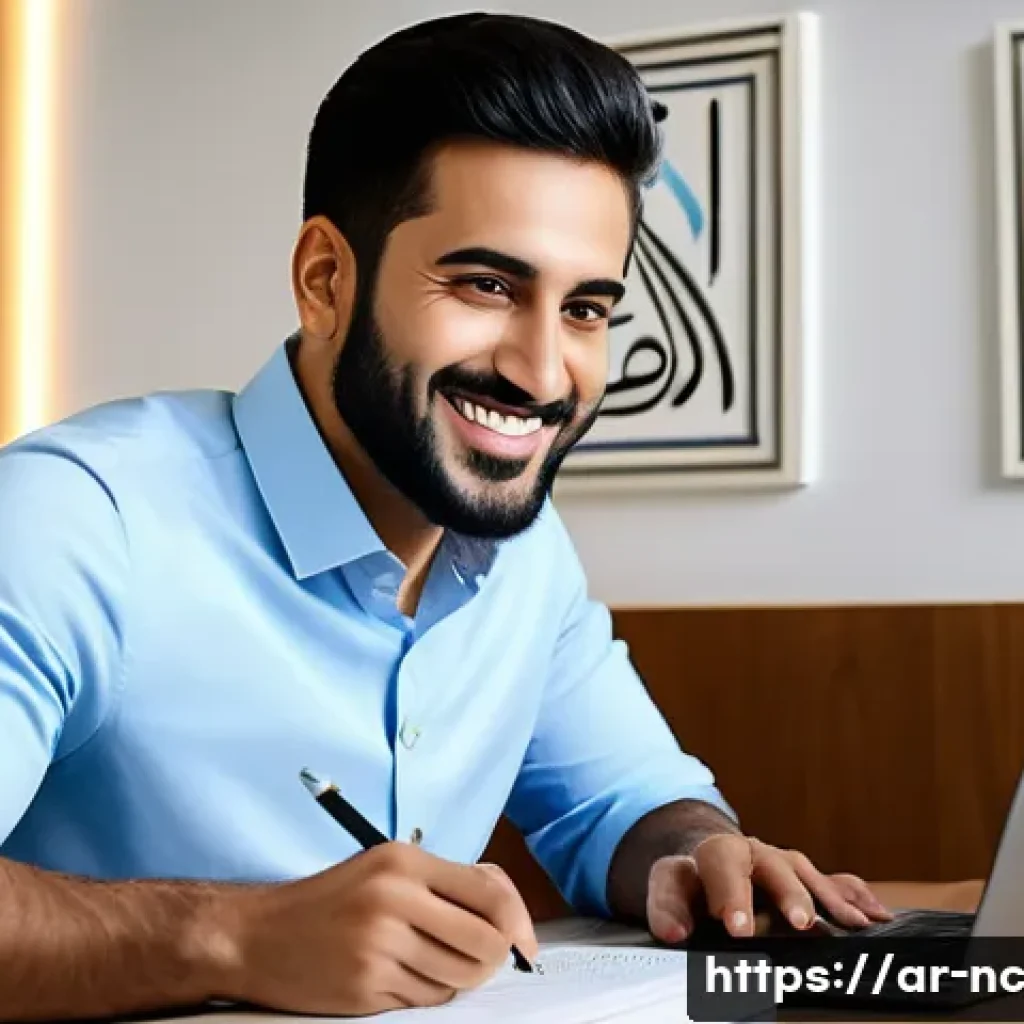 직업 정렬을 위한 내적 동기 생성 기법 - A professional Arab man in his early 30s, sitting at a modern office desk with Arabic calligraphy ar...