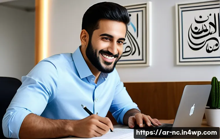 직업 정렬을 위한 내적 동기 생성 기법 - A professional Arab man in his early 30s, sitting at a modern office desk with Arabic calligraphy ar...