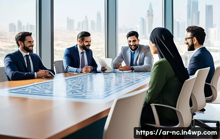 내적 동기를 통한 직장 내 혁신 촉진하기 - A diverse group of professional Arabic office workers in modern business attire collaborating warmly...