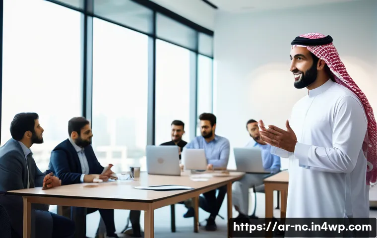내적 동기를 통해 직장 내 자아 실현하기 - A professional Arab man in traditional business attire, confidently leading a diverse office meeting...
