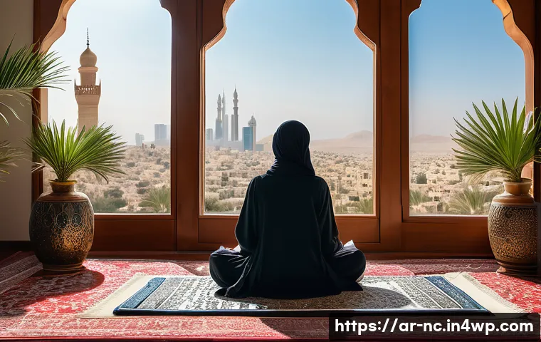 내적 동기를 통한 자아 발견 - A serene and inspirational scene depicting a Middle Eastern professional woman practicing self-refle...