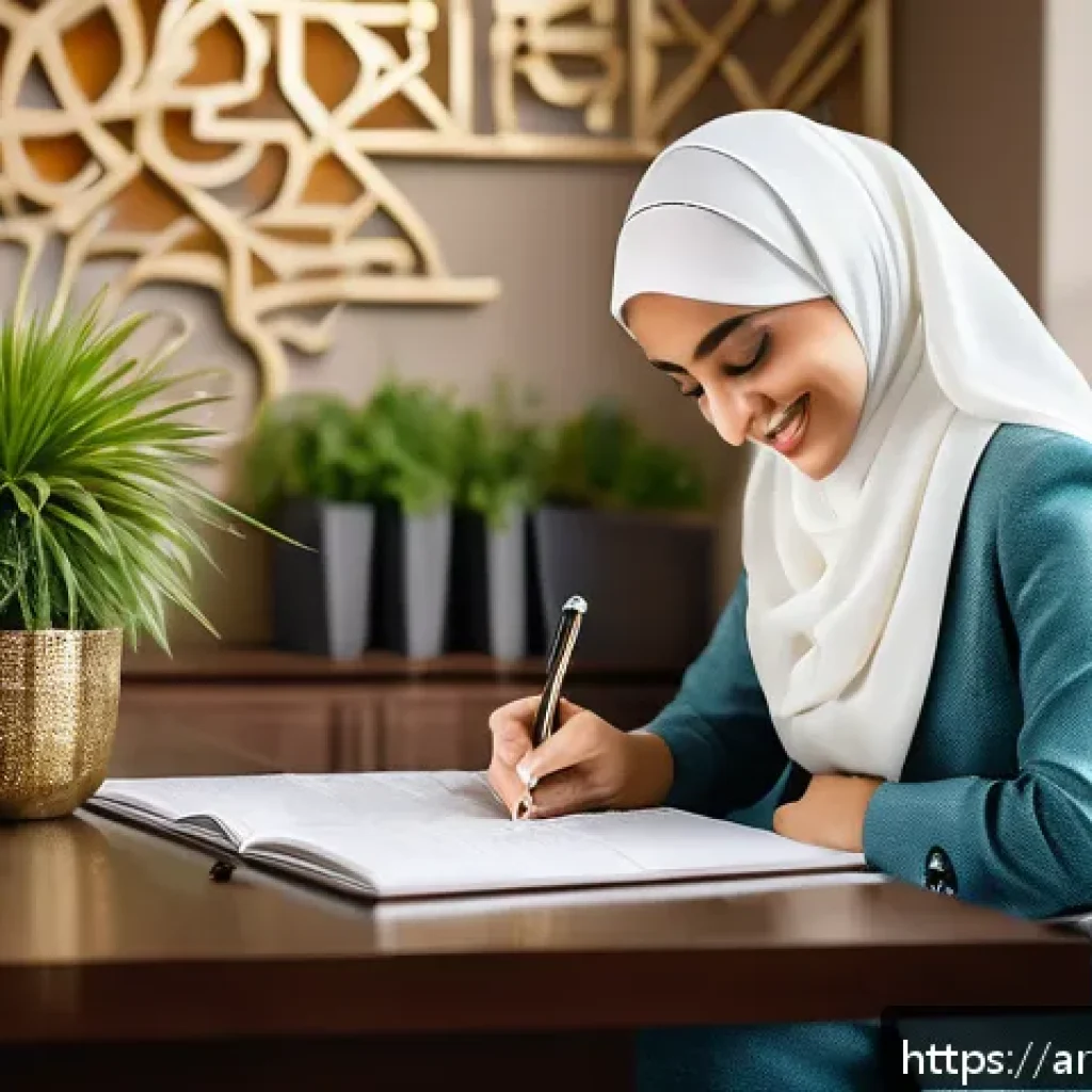 직업 정렬에 필요한 내적 동기 확인 방법 - A modern Arab professional woman in a stylish office setting, deeply focused and smiling as she writ...