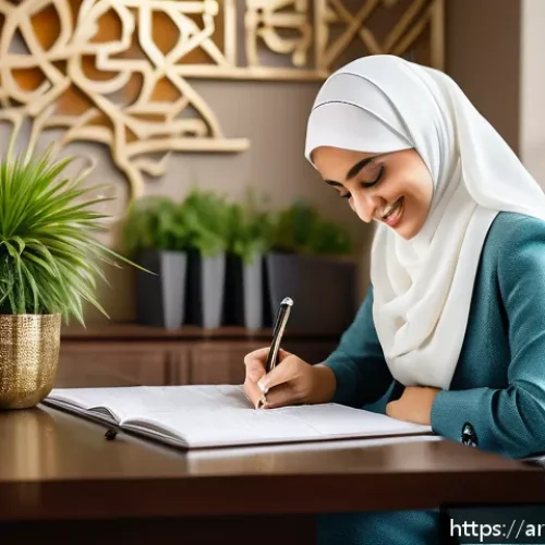 Home 17 직업 정렬에 필요한 내적 동기 확인 방법 - A modern Arab professional woman in a stylish office setting, deeply focused and smiling as she writ...