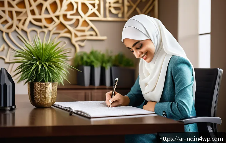 직업 정렬에 필요한 내적 동기 확인 방법 - A modern Arab professional woman in a stylish office setting, deeply focused and smiling as she writ...